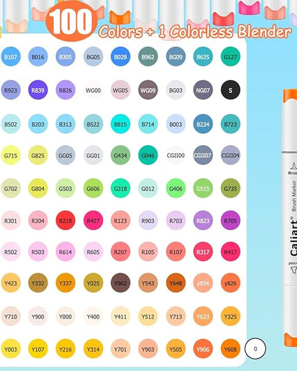 Caliart 101 Colors Alcohol Markers Brush Tip & Chisel, Dual Tip Art Markers Set for Adults Coloring Book Artists Sketch Illustration, with Case Permanent Colored Pen Art Supplies Drawing Gifts