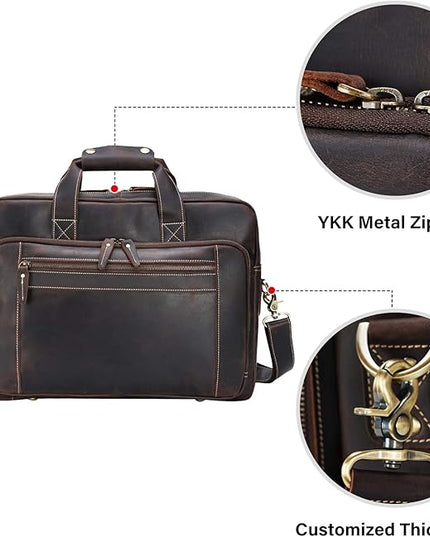compalo Men's Solid Thick Full Grain Leather 17.3" Laptop Briefcase Classic Messenger Bag Fit Business Travel | Solid, Thick, Full Grain Leather, 17.3", Classic, Fit, Business Travel