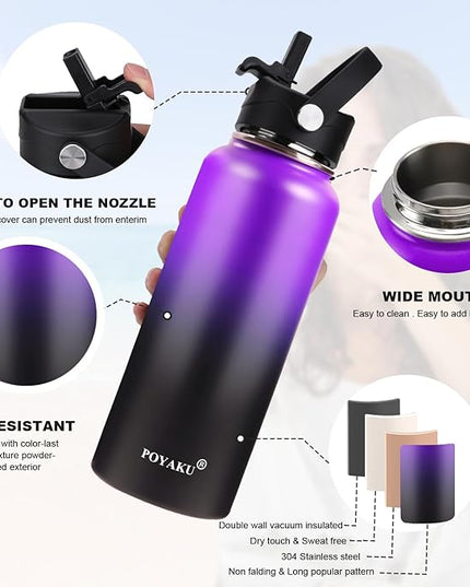 Water Bottle Insulated 32oz 40oz 64oz 128oz Straw Lid Spout Lid & 3 Lids, Leak Proof, Vacuum Insulated,Stainless Steel Water Bottle Wide Mouth for Sports, Gym or Office