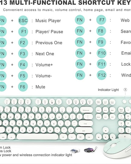 Wireless Keyboard and Mouse Combo, Ergonomic Full Size Typewriter Retro Round Keycaps Keyboard, Compatible with Windows, PC, Perfer for Home and Office Keyboards（Green）
