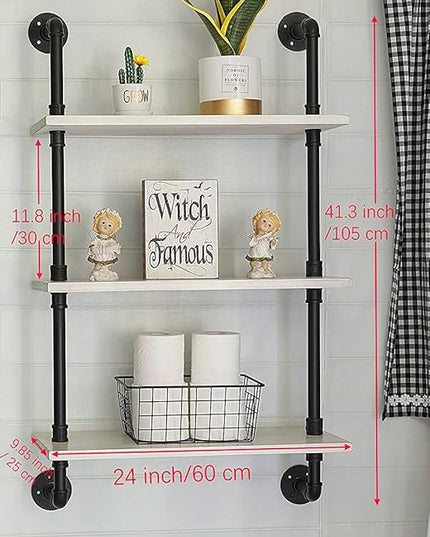 White Floating Shelves 24 inch Pipe Wall Shelves Bathroom Shelves Over Toilet with Wood Planks Industrial Pipe Floating Shelves Farmhouse Bathroom Pipe Shelves Wall Mounted