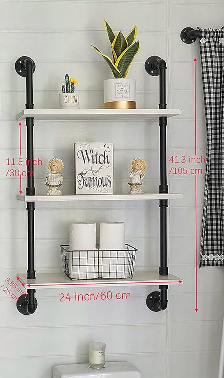 White Floating Shelves 24 inch Pipe Wall Shelves Bathroom Shelves Over Toilet with Wood Planks Industrial Pipe Floating Shelves Farmhouse Bathroom Pipe Shelves Wall Mounted