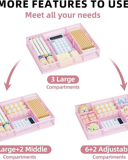 Marbrasse 2 Pack Desk Drawer Organizer, Mesh Drawer Organizer Tray with 8 Adjustable Compartments, Desk Organizers and Accessories, 5 Dividers Drawer for Office Supplies, Makeup & Vanity (Pink)