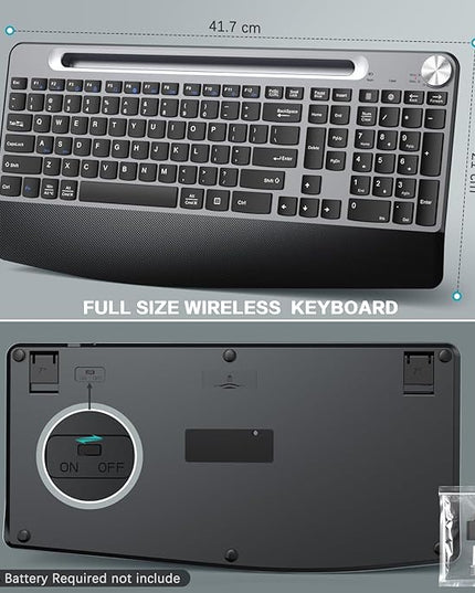 JOYACCESS Wireless Keyboard and Mouse, Ergonomic Wireless Keyboard with Wrist Rest and Phone Holder, Quiet Computer Mouse for Mac PC Laptop-Black Grey