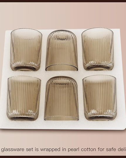 Drinking Glasses, Smoky Gray Highball Glasses Set of 6, Ribbed Glassware Glass Cups, Water Glasses for Juice, Iced Coffee Cups, Cocktail Glasses - Christmas Gifts - 8.5 oz