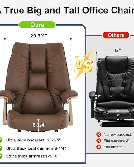Big and Tall Executive Office Chair with Footrest, 400LBS Capacity Ergonomic High-Back Desk Office Chair with Lumbar Support, Padded Armrests & Thick Cushion, Brown PU Leather Chairs