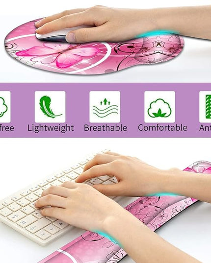 RICHEN Keyboard Wrist Rest and Mouse Pad with Wrist Support, Memory Foam Set for Gaming and Office, Comfortable & Lightweight for Easy Typing & Pain Relief (Pink Butterfly)