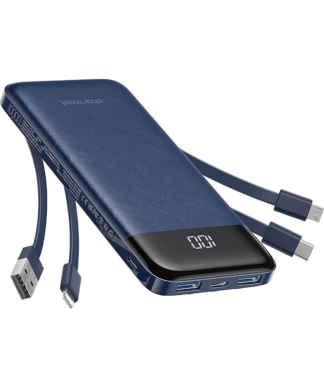 charmast Portable Charger with Built in Cables, Power Bank with Cords Wires, Slim 10000mAh Travel Battery Pack 6 Outputs 3 Inputs 3A Fast Charging for Samsung Google Pixel LG Moto iPhone iPad