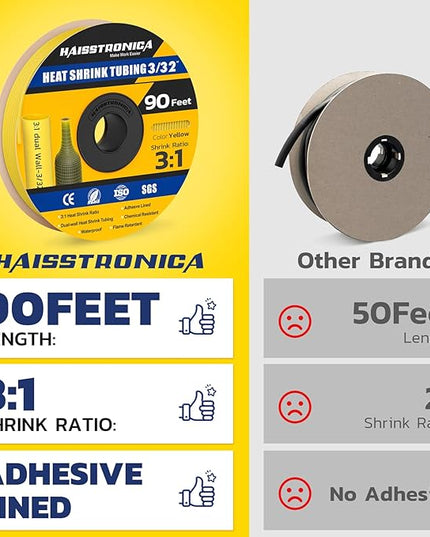 haisstronica 3:1 Heat Shrink Tubing, Shrink Ratio Adhesive Lined Marine Grade Heat Shrink Tube for Home, Automotive and Industrial (Yellow) 90FT 3/32inch