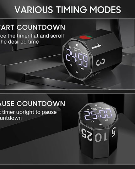 Digital Pomodoro Timer,Frosted Metal Productivity Cube Timer,1.8 In LED Digital Large Screen and Auto-rotating Display,1/3/5/10/25/30/60min & Custom Time, Silent & Alarm,for Office, Study, Work(Black)