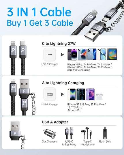 USB Type C to Lightning Cable Fast Charging, [Apple MFi Certified] 2Pack 6ft iPhone Charger Cable Compatible with iPhone 14/13/12/11 Pro Max and USB C Female to USB A Male Adapter with Keychain