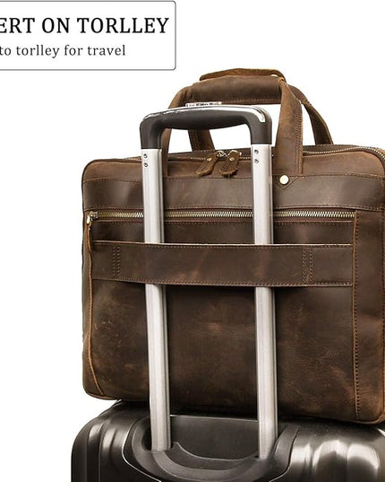 Augus Leather Briefcase for Men Business Travel Messenger Bags 15.6 Inch Laptop Bag YKK Metal Zipper, Brown