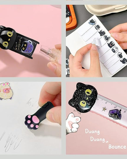 10Pcs Black Cute Cat Stationery Set Cat School Supplies Kawaii Japanese Stationery Birthday GIFS Including Pens Pencil Sharpener Highlighter Eraser Correction Tape Ruler for Office School Supplies