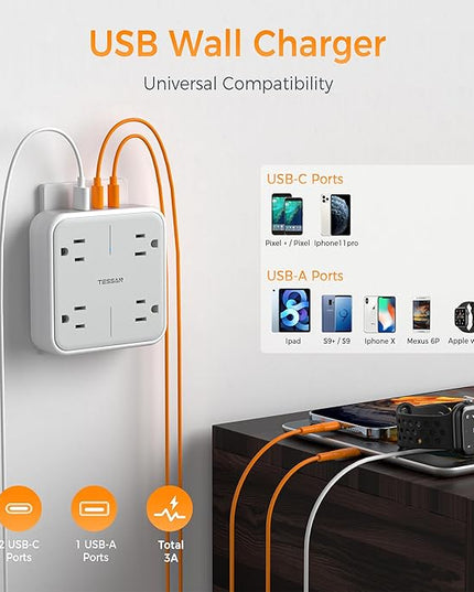 Multi Plug Outlet Extender, TESSAN 4 Outlet Splitter 3 USB Wall Charging Ports (2 USB C), Wide Spaced Multiple Expander Surge Protector for Office, Home, College Dorm Room