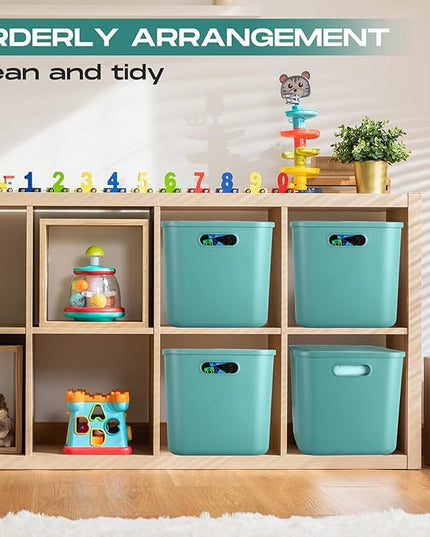 Hoolerry 8 Pieces Colorful Storage Bins with Lid, Plastic Storage Basket Organizing Container Stackable Box with Handle for Shelves Desktop Playroom Office(14.2 x 10.2 x 9.5 Inch,Green)