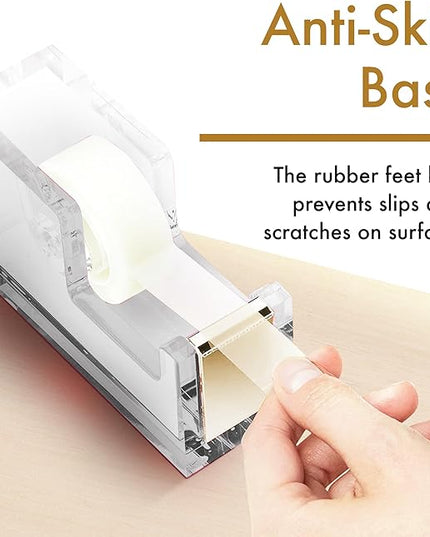 OfficeGoods Acrylic Tape Dispenser – Modern Desk Organizer for Office Supplies – Heavy Duty Refillable Tape Holder for Home and School Crafting – Stylish Desktop Accessory for Gift Wrapping, Gold