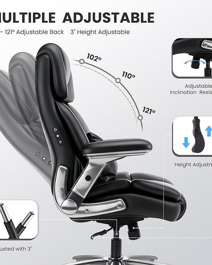 750lbs Heavy Duty Desk Chair with 3D Kneading Massage, Big and Tall Office Chairs with Ergonomic Support, 4D Armrests, 5 Quiet Dual Rubber Wheel, Thick Pocket Spring Cushion(Black, PU)