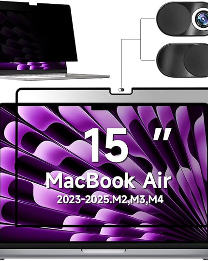 Mamol Privacy Screen for MacBook Air 15 Inch (2023-2025, M2, M3,M4)- A2941 A3114, MagicSuction™ Removable Vacuum Adsorption Anti Spy,Anti Glare Anti Blue Light Filter for Mac Laptop Computer