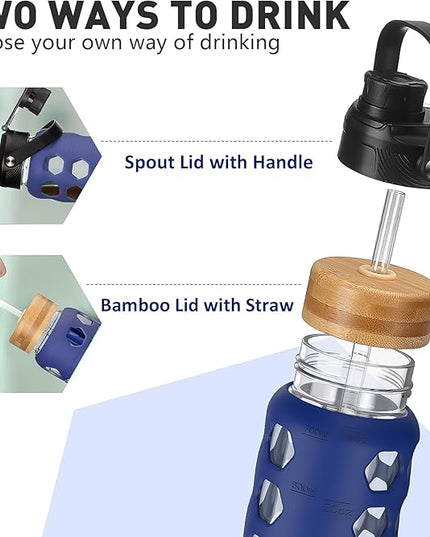 MUKOKO Glass Water Bottles, 24oz Glass Tumbler with Straw, Drinking Bottles with 2 Lids-Handle Spout Lid&Bamboo Straw Lid, Motivational Water Bottle with Time Marker and Silicone Sleeve, 1 Pack-Blue