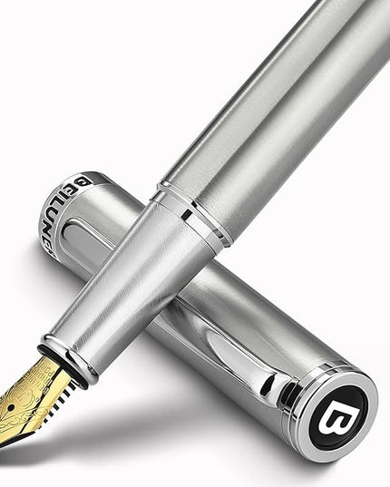 BEILUNER Luxury Fountain Pen Set, Solid 24K Gilded Fine Nib, Silver Stainless Steel Body- Includes 6 Ink Cartridges & Ink Refill Converter with Gift Case - Perfect for Men and Women