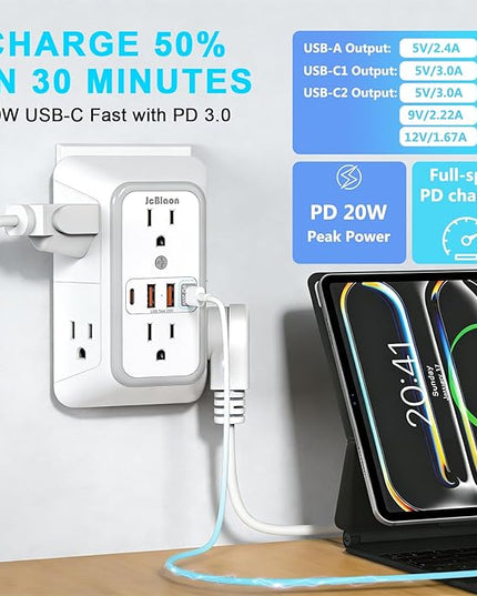 JcBlaon Multi Plug Outlet Surge Protector, Wall Charger with 6 Outlet Splitter with 4 USB Ports(PD 20W), 3-Sided 1050J Surge Protector Power Strip for Home Office Dorm Room Essentials
