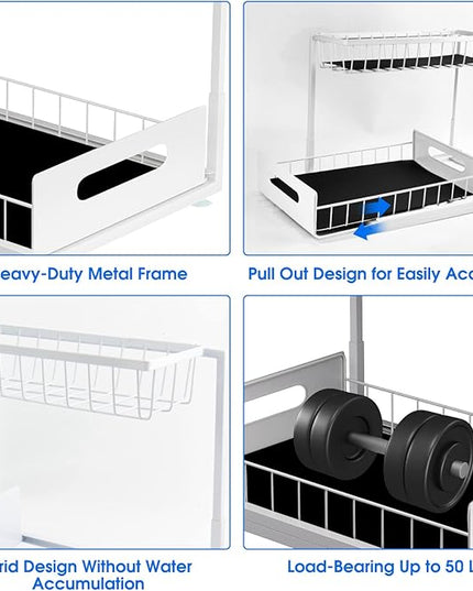 Under Sink Organizer, 2 Tier Pull-Out Cabinet Storage Shelf, Rust-Resistant Metal Organizer for Kitchen Bathroom Laundry Room, No Tools Installation, 1 Pack White