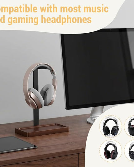 Fiwochic Walnut Wood Headset Holder, Desktop Headphone Stand, Universal Headphone Holder with Storage Base for Gaming, Music Headsets