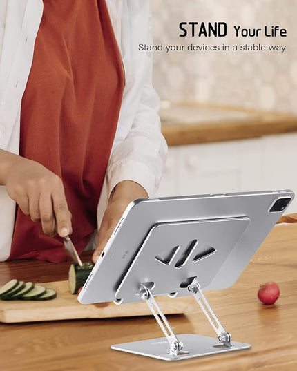 Tablet Stand Holder for Desk, Adjustable Desktop Tablet Holder, Foldable Aluminum Tablet Mount for iPad pro 11, iPad Air Mini, Samsung Galaxy Tabs Z Fold Kindle Fire 4-12 inch, Silver