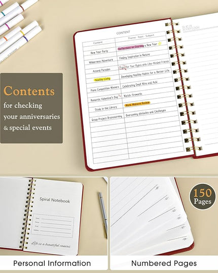 Lined Spiral Journal Notebook, A5 Hardcover Spiral Journals for Women Men, 150 Numbered Pages Spiral Bound Notebook, 100 GSM College Ruled Notebooks for Writing Note Taking 5.75" x 8.38", Wine Red