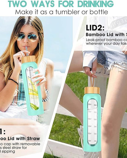 32 oz Glass Water Bottle with Straw - Motivational Time Marker & Silicone Sleeve - Reusable Tumbler Includes 2 Bamboo Lids & Fruit Infuser - 1 Pack