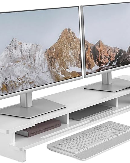 Monitor Stand Dual Monitor Stand Riser for Desk,Wood Desk Shelf Storage Organizer with Phone Tablet Holder (42.5 Inch, White)