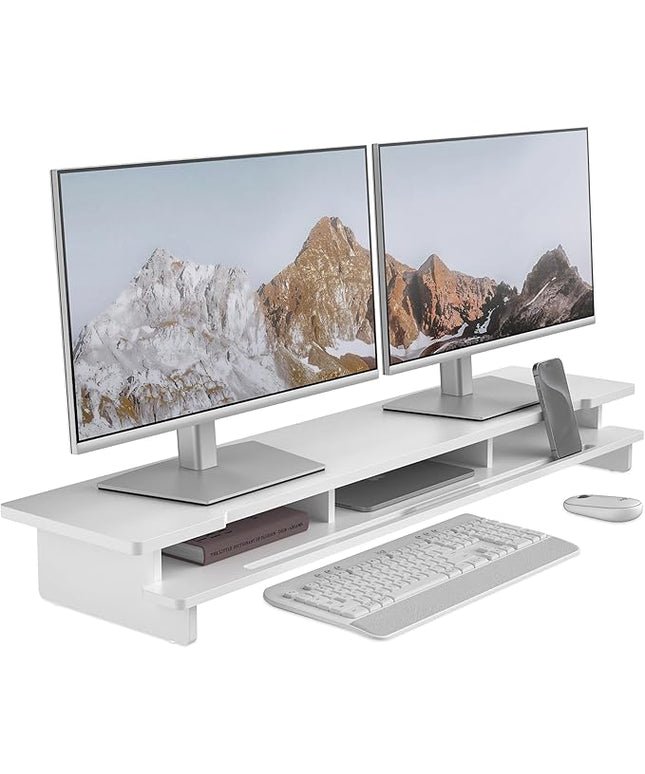 Monitor Stand Dual Monitor Stand Riser for Desk,Wood Desk Shelf Storage Organizer with Phone Tablet Holder (42.5 Inch, White)