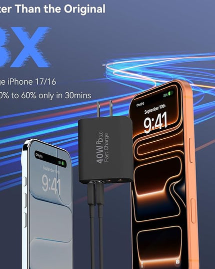 USB C Wall Fast Charger Block, 40W 4-Port Type C Chargers Fast Charging Blocks PD Power Charger Adapter+QC 3.0 USB Multiport Charger Brick for Phone 17/16/15/14/13/12 Pro Max, i-Pad, Galaxy S25-2Pack