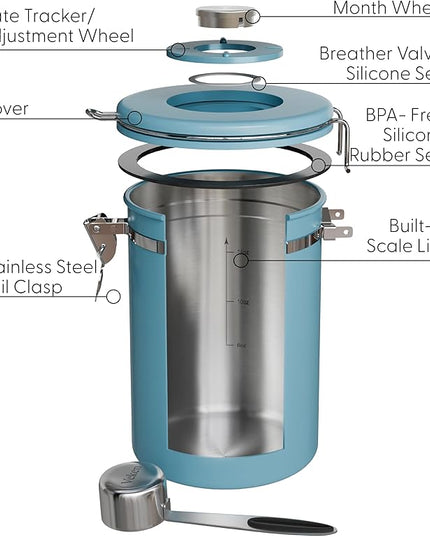 Veken Coffee Canister with Window, Airtight Stainless Steel Kitchen Food Storage Container with Lids, Date Tracker and Scoop for Grounds Coffee, Beans, Tea, Flour, Cereal, Sugar Jars, 22OZ, Blue