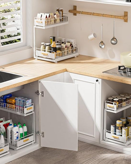 Under Sink Organizer, High Adjustable 2 Tier Under Kitchen Sink Organizer, Multi-Purpose Storage Shelf for Kitchen Bathroom Cabinet, White