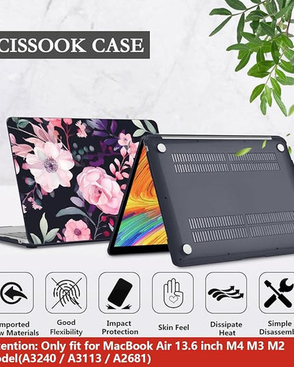 CISSOOK Compatible with MacBook Air 13.6 inch Case 2025 2024 2022 Release Model A3240 A3113 A2681, Flower Plastic Hard Shell Case Black Cover for MacBook Air 13 inch M2 M3 M4 - Pink Flowers