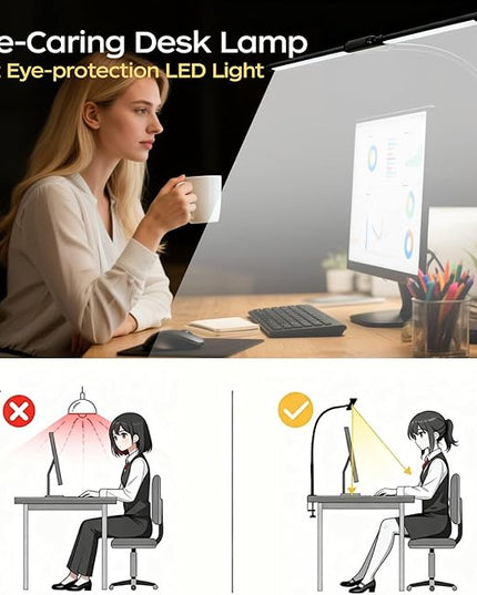 LED Desk Lamp with Clamp, Double Head Adjustable Architect Light, Eye-Caring Monitor Desk Lamp for Home Office, Flexible Gooseneck Task Lamp with 10 Brightness Levels & 5 Color Temperature Modes Black