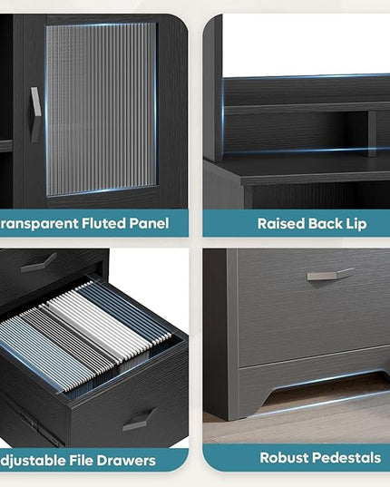 Bestier 77.8" H Executive Desk with Hutch, Modern Wood Computer Desk with Drawers, Charging Station, LED Light, Fluted Storage Cabinet, Keyboard Tray, 59" W Office Desk for Home Office, Black