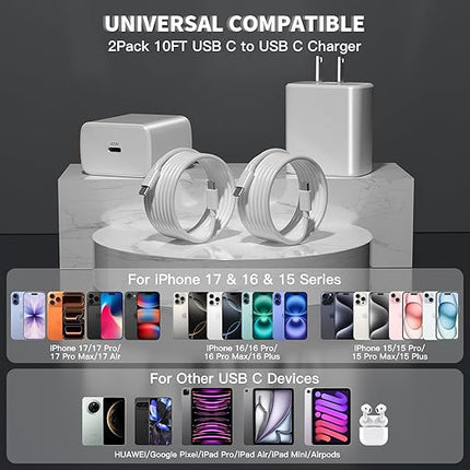 Extra Long 10FT iPhone 17 16 15 Pro Max Charger Fast Charging, Apple 2 Pack 45W USB C Fast Charger Block with 10Foot Type C Charging Cable Cord for iPhone 17/17 Pro/Air/16/16e/16 Pro/16 ProMax/Plus/15