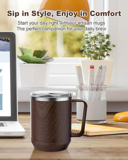 Felibeaco 16oz Heated Coffee Mug With Flat Bottom for Rapid Heating, Stainless Steel Cup for Different Warmer/Heaters, Suitable for Home and Office Desk, Wood, No Warmer
