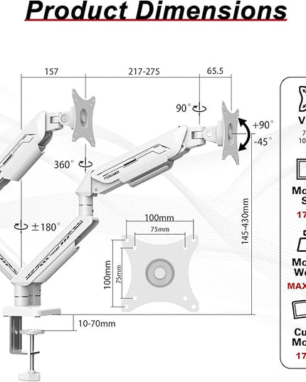 Dual Monitor Arm for 17-35" Screens up to 24.2 lbs, Ergonomic Gas Spring Monitor Stand with Height Adjust, Tilt, Swivel & Cable Management, VESA Desk Mount with 2 Types of Installation, White