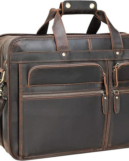 Polare 17'' Full Grain Leather Briefcase Laptop Attache Case Messenger Bag For Men Fits 15.6'' Laptop
