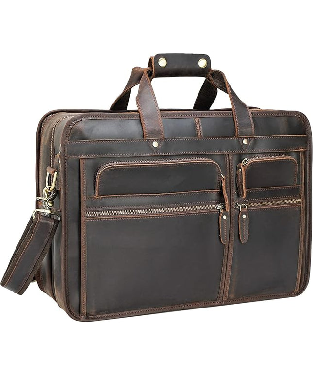 Polare 17'' Full Grain Leather Briefcase Laptop Attache Case Messenger Bag For Men Fits 15.6'' Laptop
