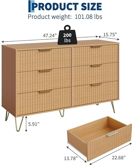 Garvee Fluted Dresser for Bedroom with 6 Drawers,47" Wide Modern Chest of Wooden Bedroom Chest with Metal Handle,Clothes Storage Organizer,Closet Dresser & TV Stand for Living Room,Hallway,6&Natural