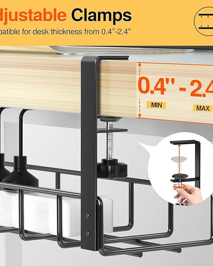 2 Pack Cable Management Under Desk Tray, 31.4" No Drill Under Desk Wire Management with Upgraded Clamp, Metal Cord Organizers for Desk with Cable Organizers, PC Cable Management Rack, Black