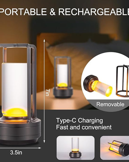 Portable Metal Table Lamp for Indoor/Outdoor ,Rechargeable Cordless LED Lamp, 3-Colour Infinitely Dimming Battery Powered Small Desk Lamp, Restaurant/Bedroom/Bar/Coffee Shop/Camping Light (Grey)