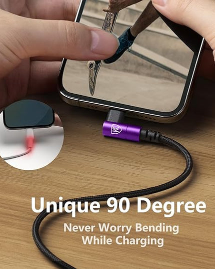 90 Degree USB C to Lightning 10FT, iPhone Charger Cables [Apple MFi Certified] 3Pack Fast Charging Cord, Nylon Braided USB C Lightning Cable Compatible with iPhone 14/13/12/11/Pro Max/Plus/8/7-Purple