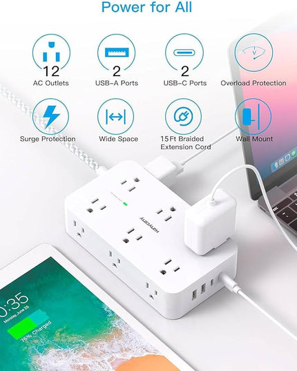 Extension Cord 15 Ft, HANYCONY Power Strip Surge Protector 12 Outlets 4 USB Ports (2 USB C), Large Desk Power Strip with Long Cord, Flat Plug, Wall Mount for Office Home College Dorm Room Essentials