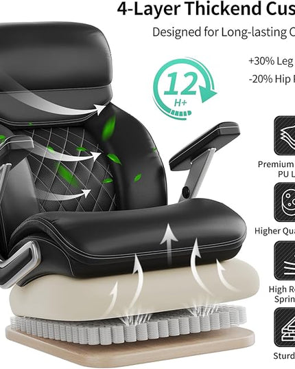 Big and Tall Office Chair with 5D Arms, 600lbs Heavy Duty Desk Chair with Adjustable Lumbar Support, PU Leather High Back Ergonomic Executive Computer Chair with 3'' Silent Casters