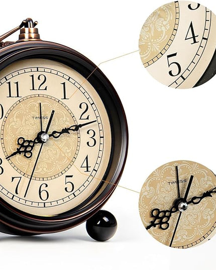 TIMESS Vintage Analog Alarm Clock, 4.3" Silent Non-Ticking Quartz Desk Clock, Battery Operated Table Clock for Bedroom, Living Room, Office, or Gift